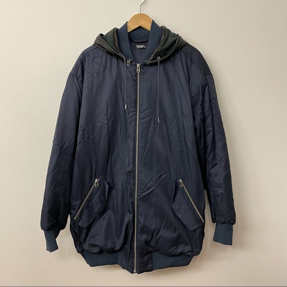 TNA, Blue, Bomber Jacket, Leather Hood, Size Large - Picture 1 of 7